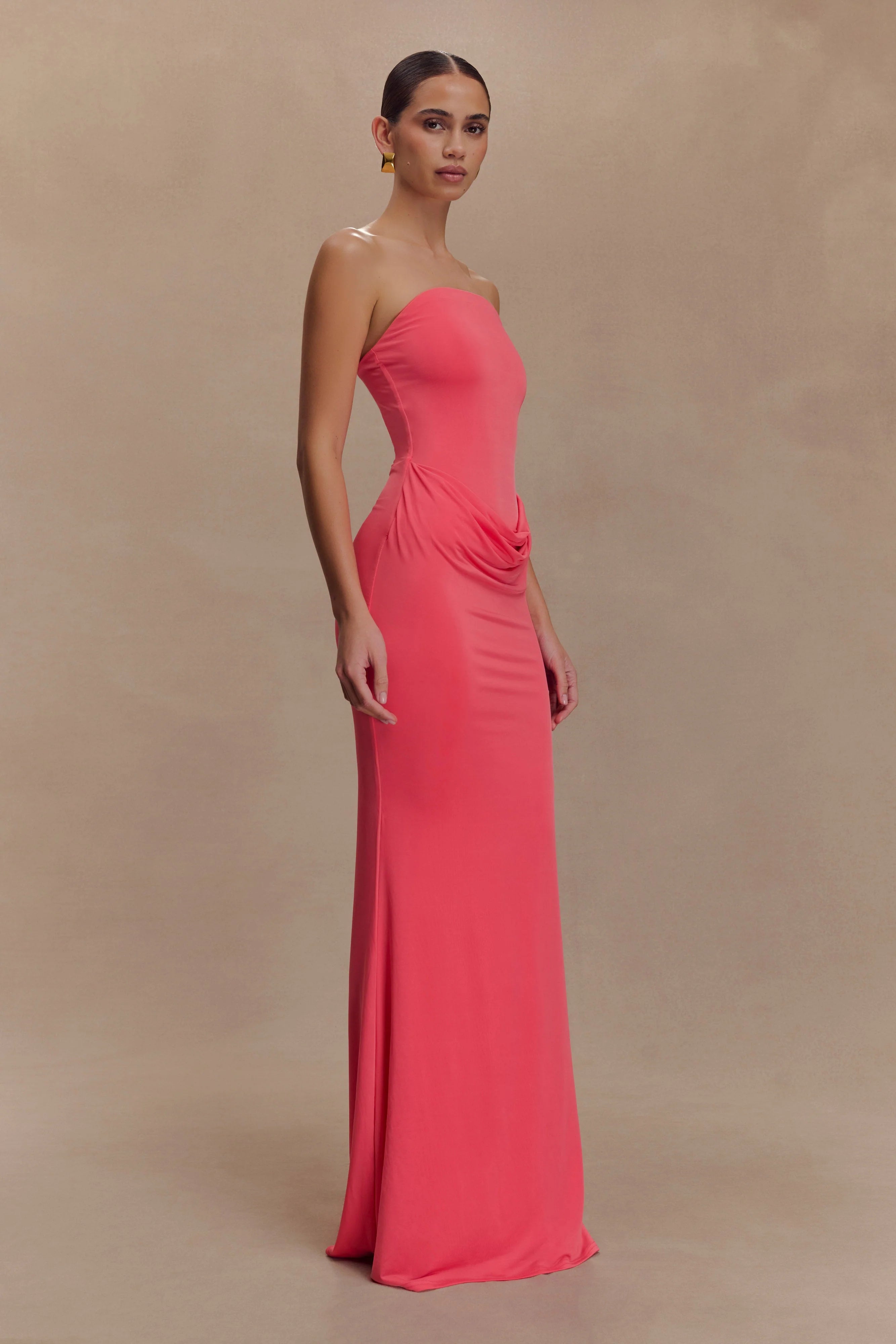 Madison Strapless Slinky Maxi Dress - Coral