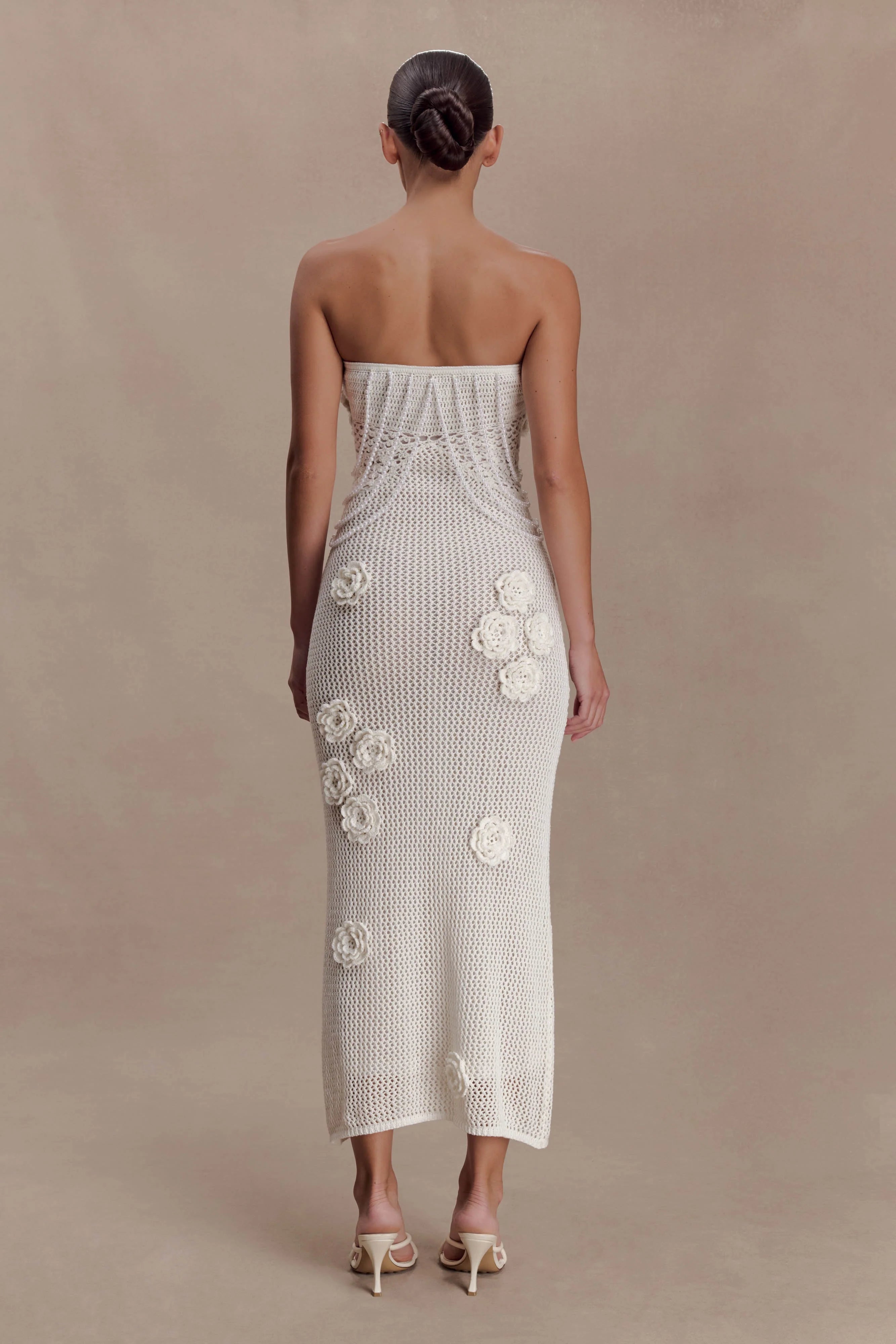 Samantha Crochet Midi Dress With Flowers - Ivory